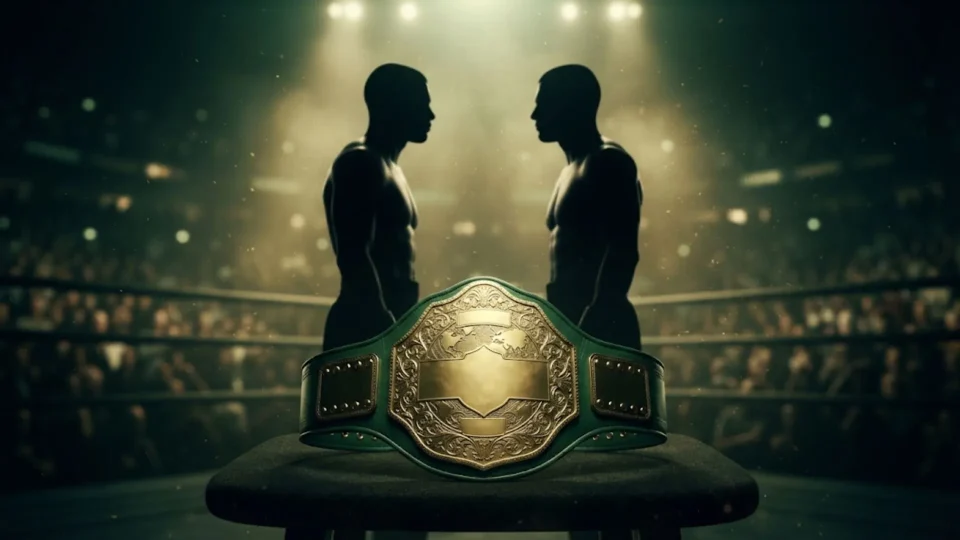 Mayweather vs Pacquiao 2 rematch illustration with two boxers facing off and a green and gold championship belt