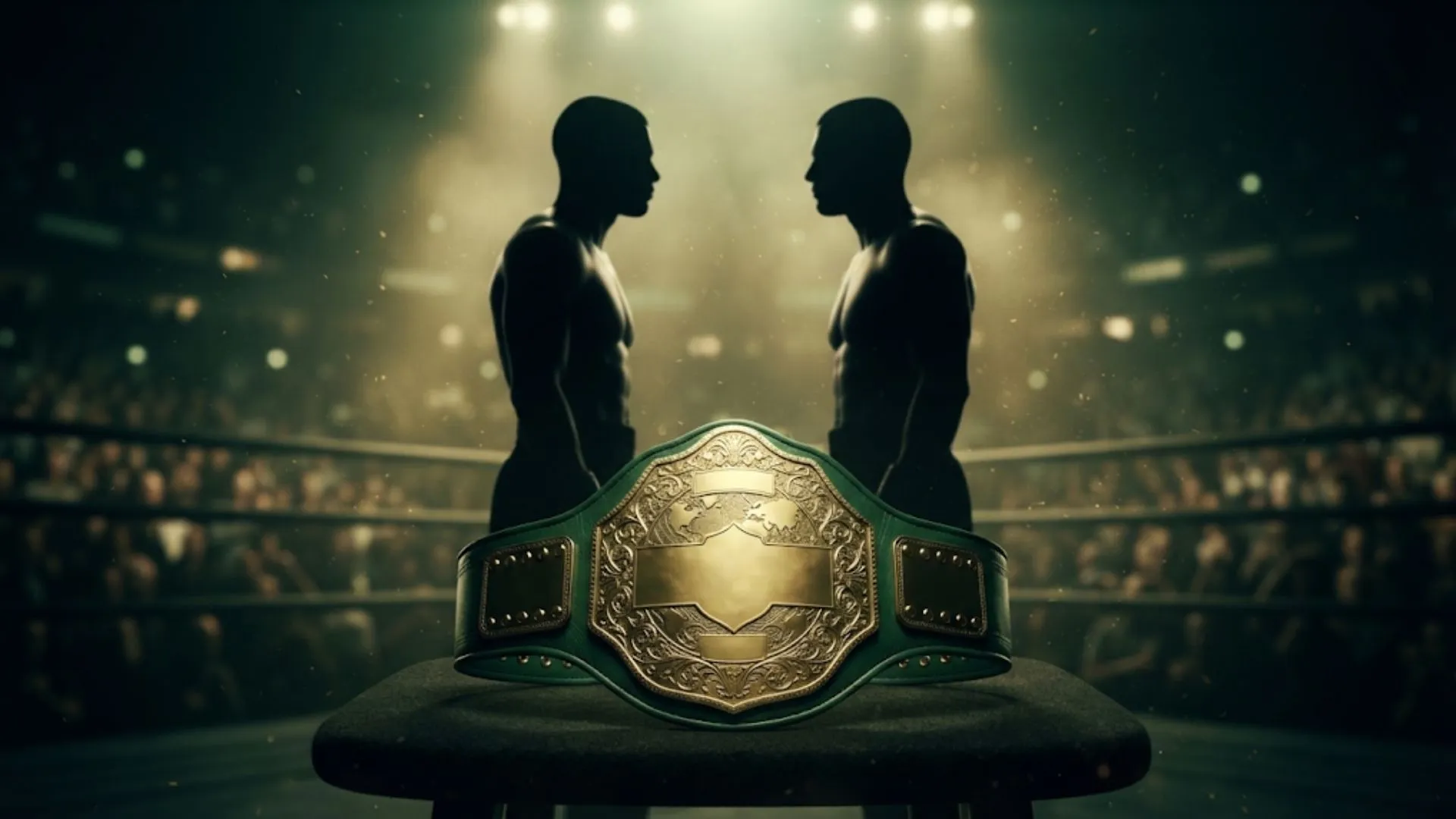 Mayweather vs Pacquiao 2 rematch illustration with two boxers facing off and a green and gold championship belt