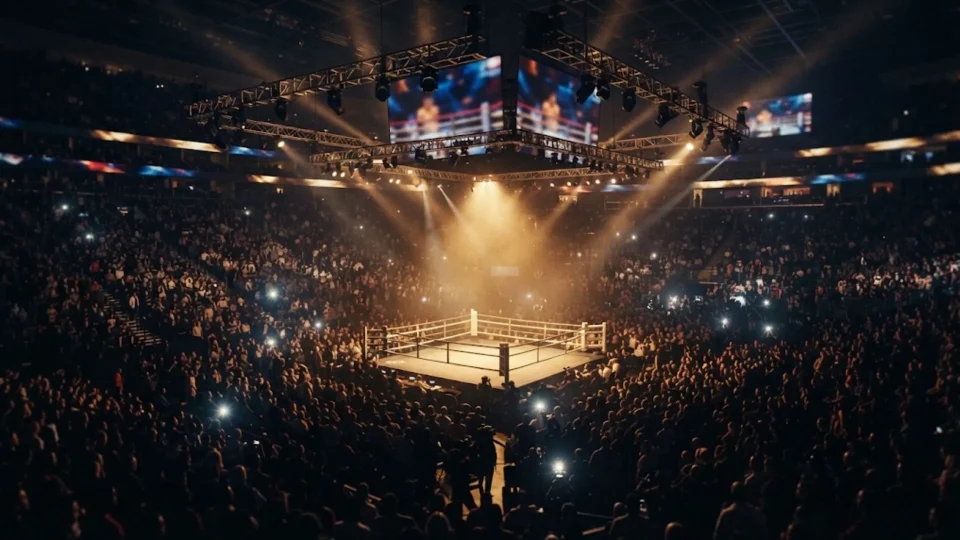 Packed Las Vegas boxing arena on fight night, the setting of the first Mayweather vs Pacquiao fight in 2015