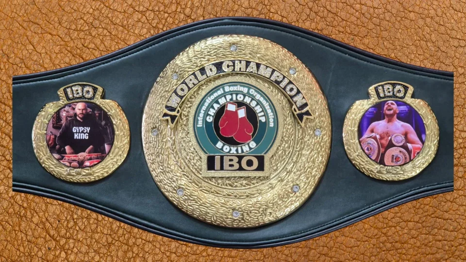 Replica championship belt plates in different title style layouts, laid side by side