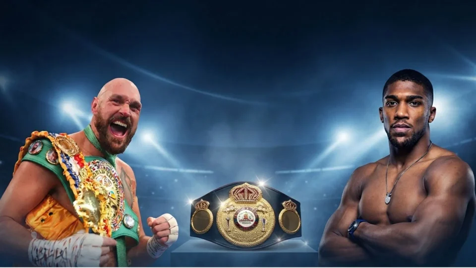 Illustration for Anthony Joshua vs Tyson Fury showing a championship belt in front of a floodlit stadium with two heavyweight boxers facing off in silhouette