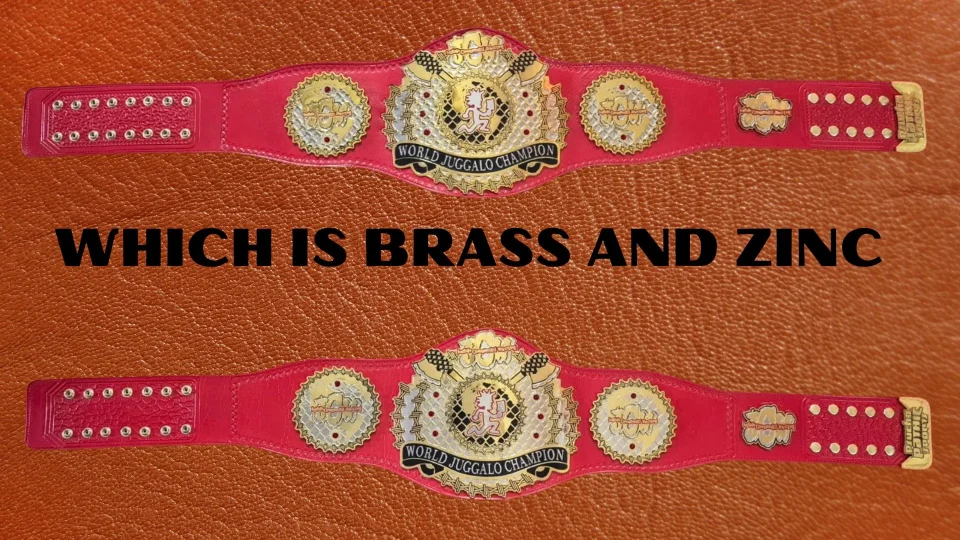 Brass and zinc championship belt plates placed side by side to compare finish