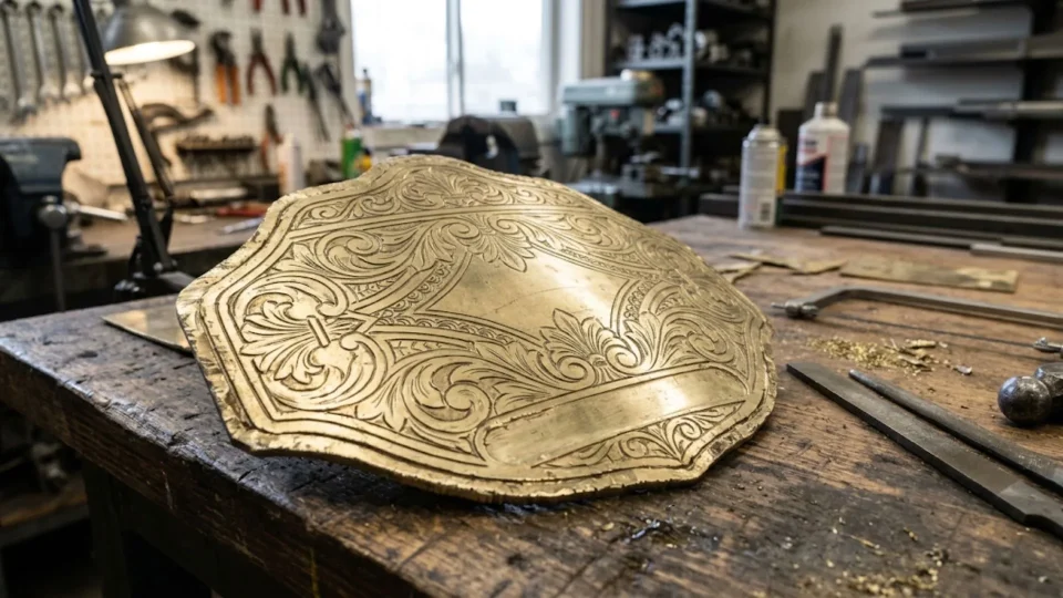Championship belt plate after etching with the custom design worked into the metal