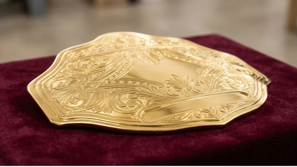 Gold plated championship belt plate after electroplating, before stones and color are added