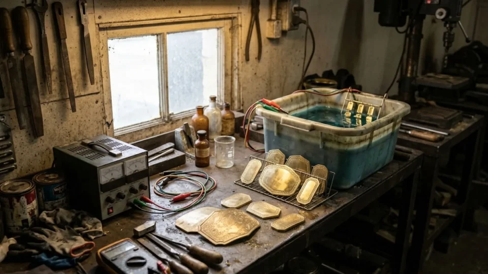 Belt plates in the plating stage inside the Ibrahim Sports workshop