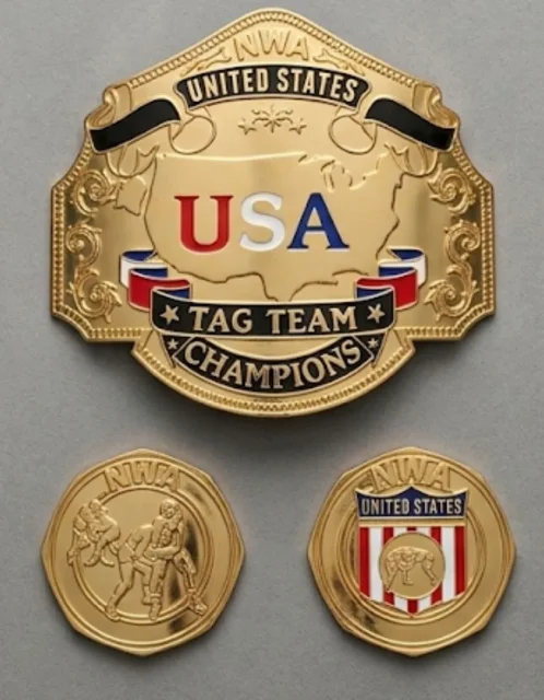 Parts of a championship belt laid out: center plate, side plates, and leather strap