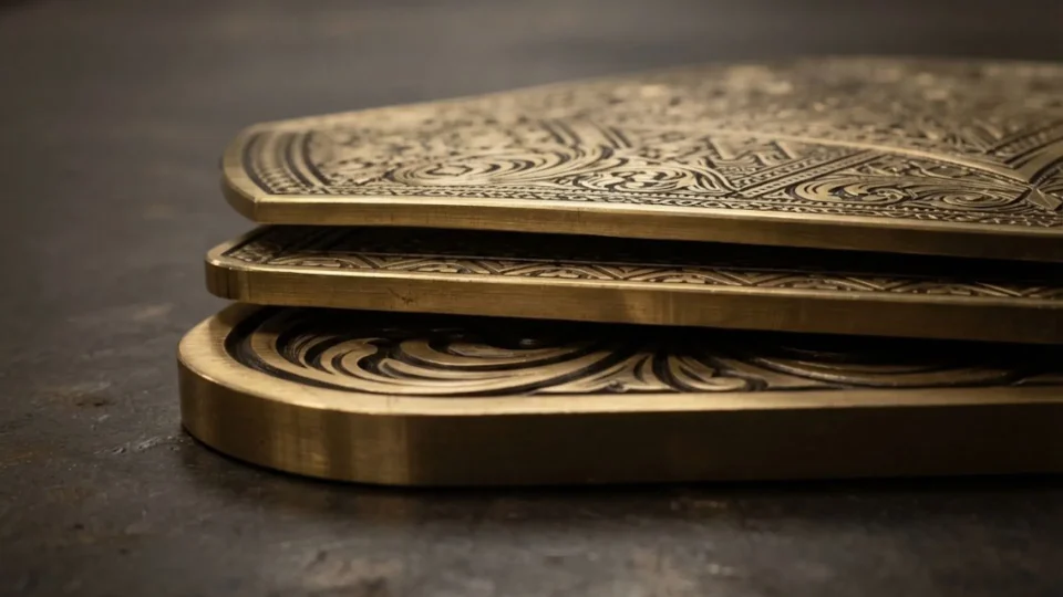 2mm, 3mm and 4mm brass championship belt plates stacked to show thickness