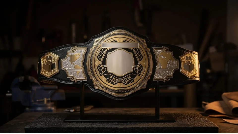 Custom etched title belt with a black finish made by Ibrahim Sports for a combat sports promotion