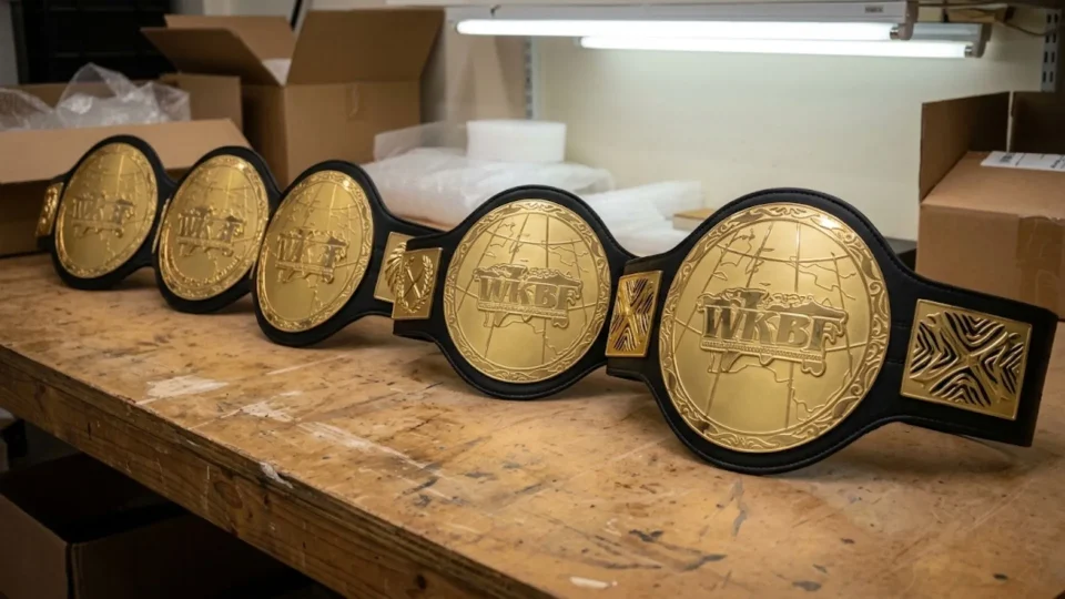 Set of custom kickboxing title belts for a promotion laid out before shipping, with matching centre plates and different side plates