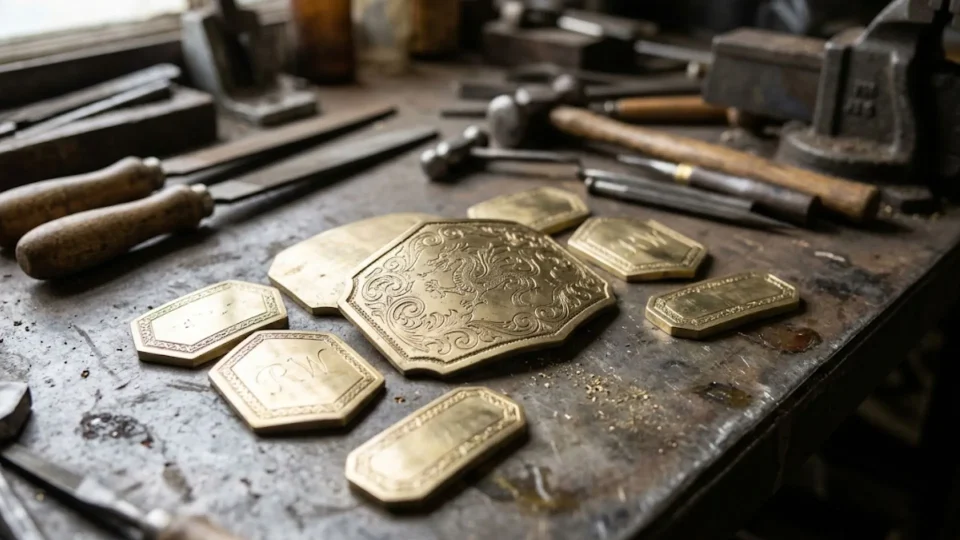 Etched brass belt plates on a workbench before plating