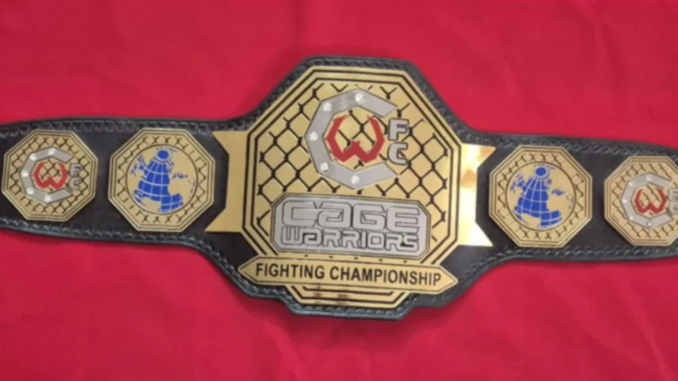 Finished custom boxing championship belt with all plates mounted on the leather strap