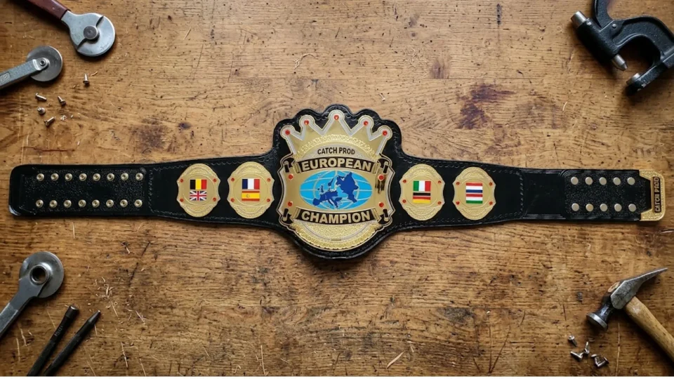 Finished full size championship belt laid flat on a workbench at the Ibrahim Sports workshop in Sialkot