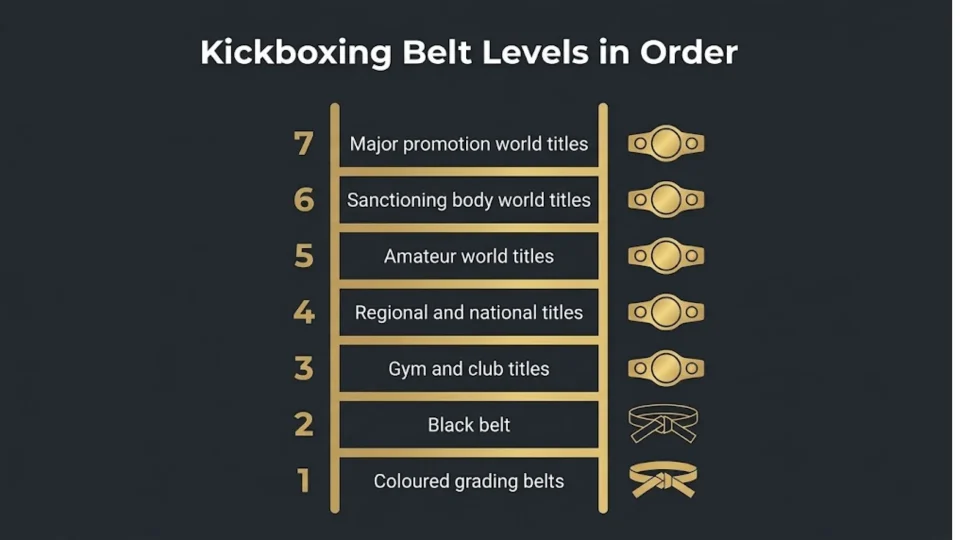 Kickboxing belt levels in order shown as a seven step ladder from grading belts to world title