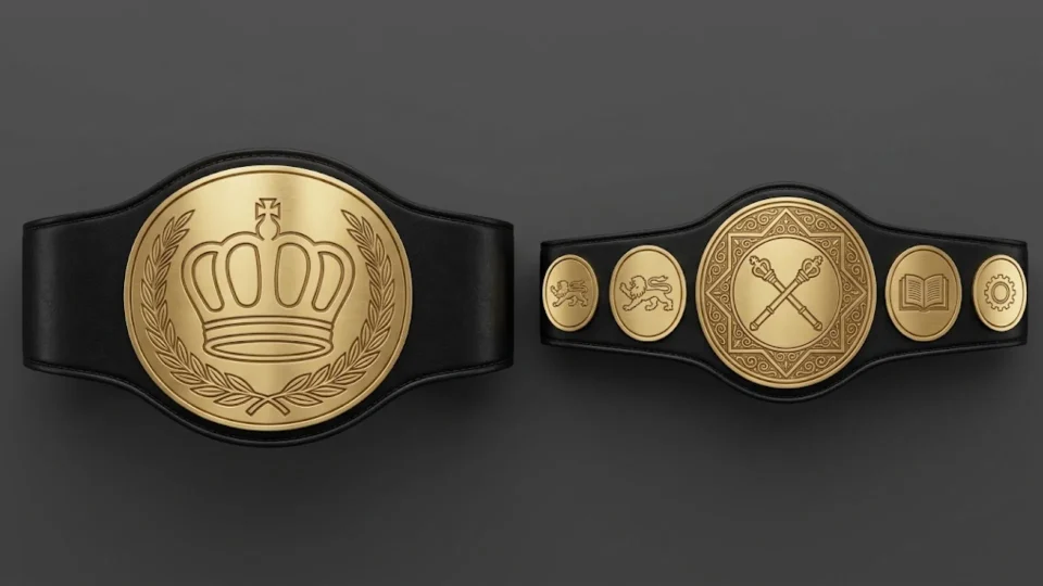 Two kickboxing championship belt styles side by side, one single plate design and one multi plate design