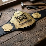 Finished brass plated MMA championship belt on a workshop bench at Ibrahim Sports