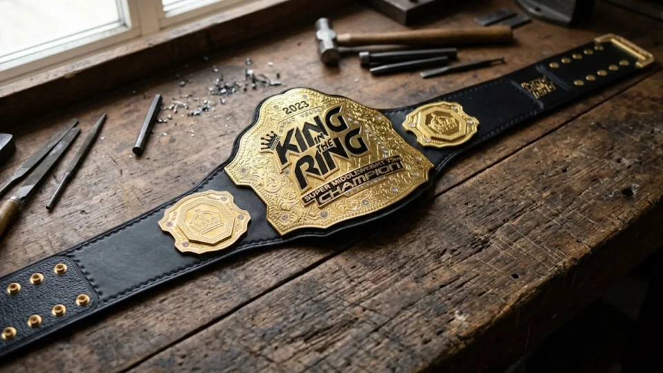 Finished brass plated MMA championship belt on a workshop bench at Ibrahim Sports