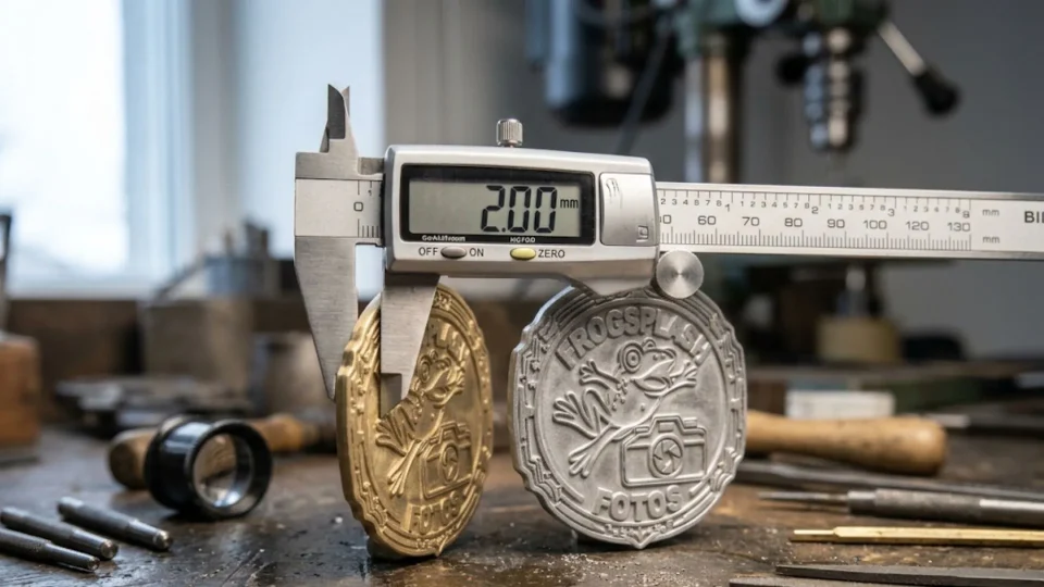 Caliper measuring the edge thickness of a championship belt plate in millimeters