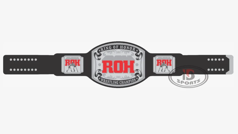 Labeled diagram of a championship belt showing the center plate, side plates, side strap tips and leather strap