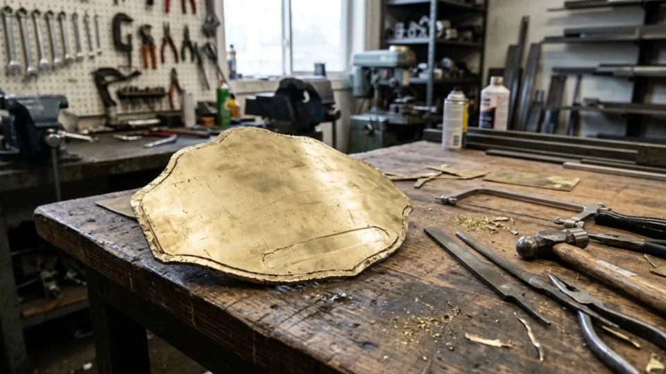 Raw brass sheet cut into a championship belt center plate before etching