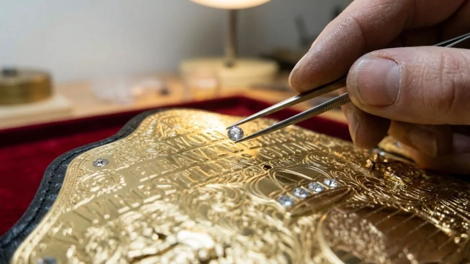 Close up of a hand setting a glass stone into a championship belt center plate