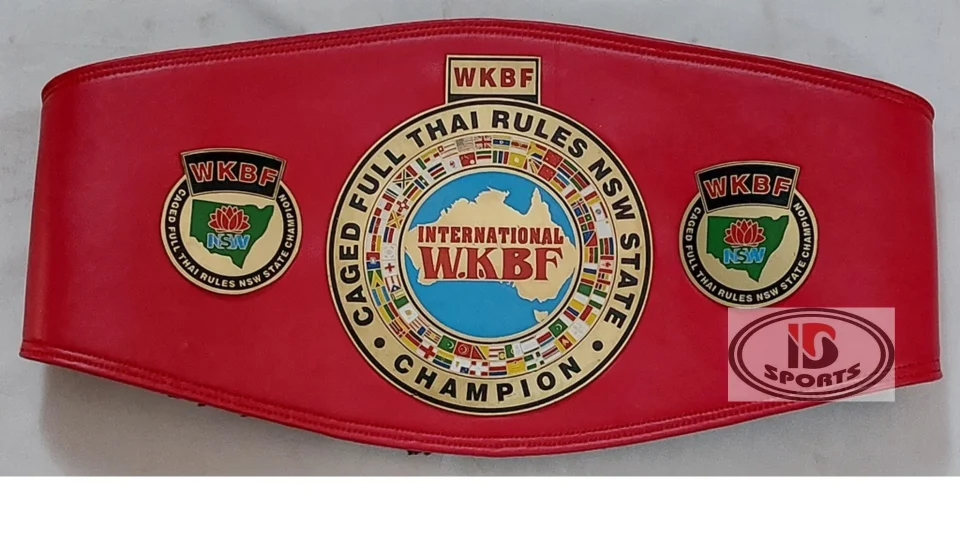 Custom gym championship belt inspired by the WBC belt, with a ring of world flags around the gym's own design