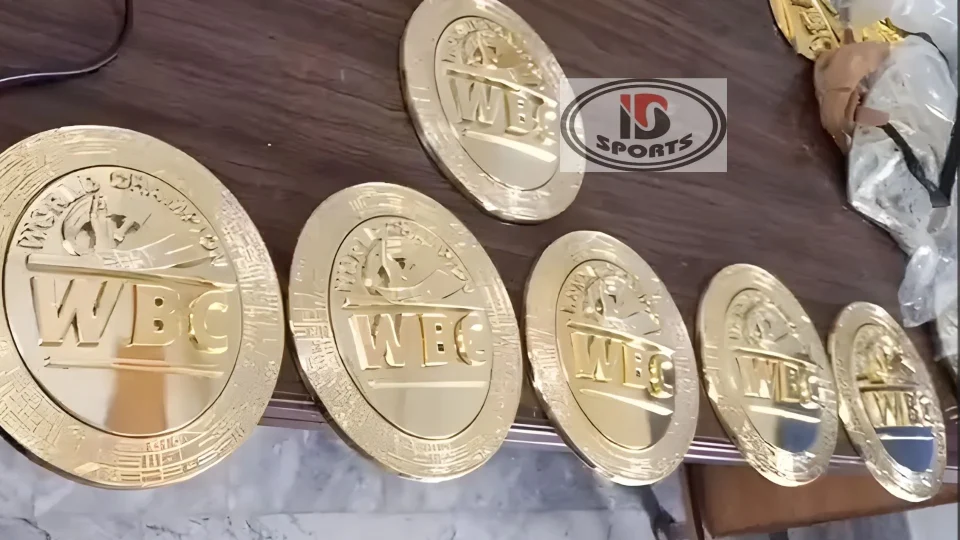 Gold plated side plates for a WBC style championship belt lined up on a workbench before assembly