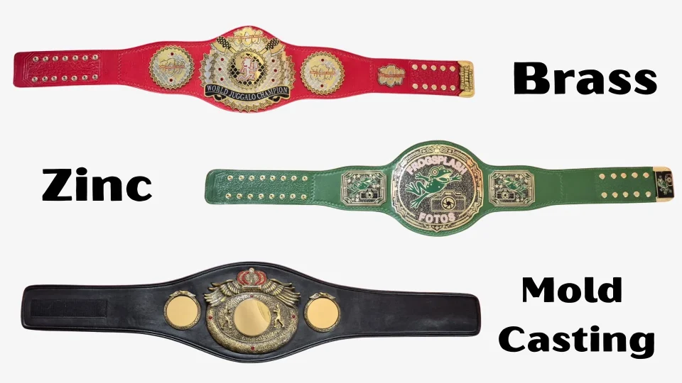The same championship belt plate design made in zinc, brass and silver mold casting, placed side by side
