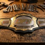 Black finish custom championship belt on a Sialkot workbench, used for a belt maker's Zuffa Boxing belt breakdown